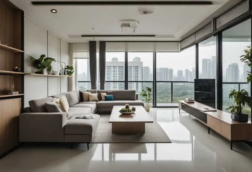 Bright and spacious HDB living room with contemporary design and ample natural light.