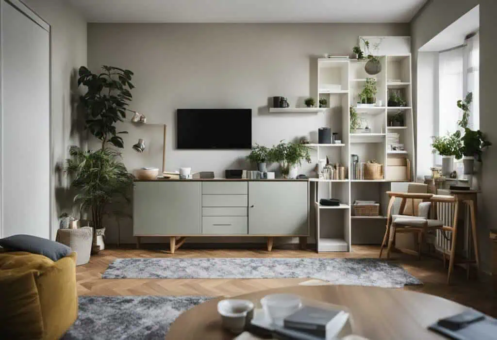 Bright and cozy living space featuring a sleek TV unit, white shelving, and lush indoor plants for a.