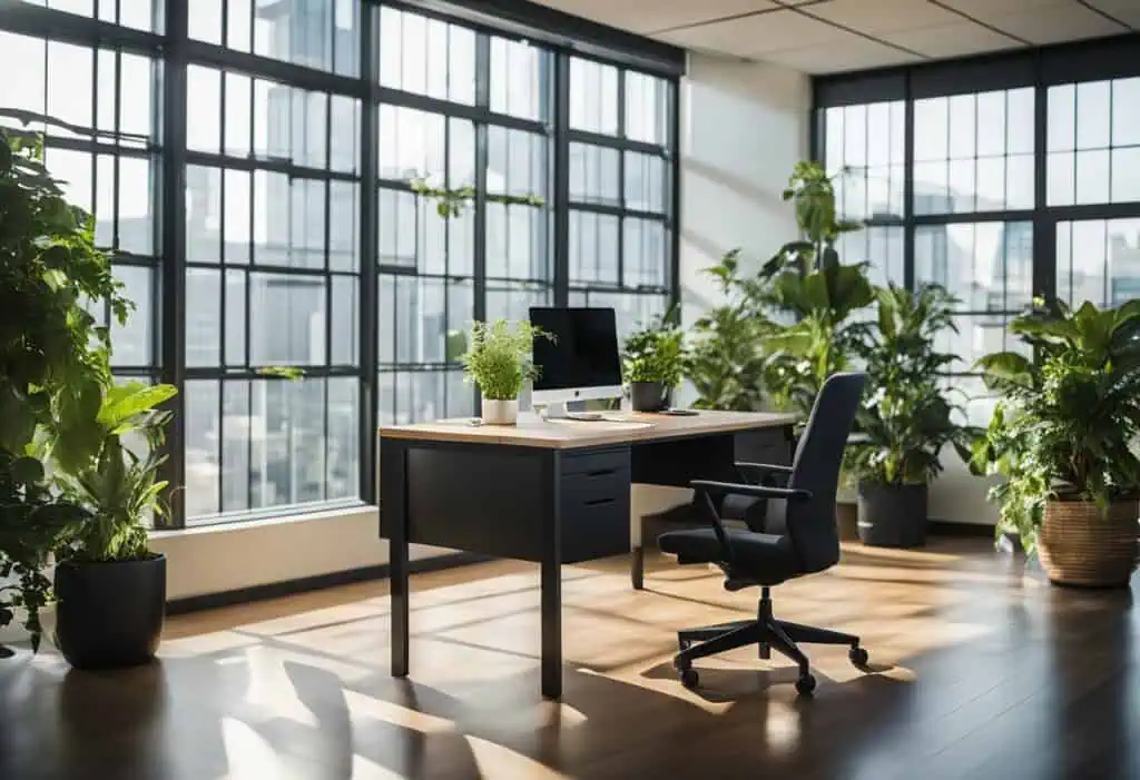 Bright office with large windows, lush green plants, and a sleek desk setup for productivity and ins.