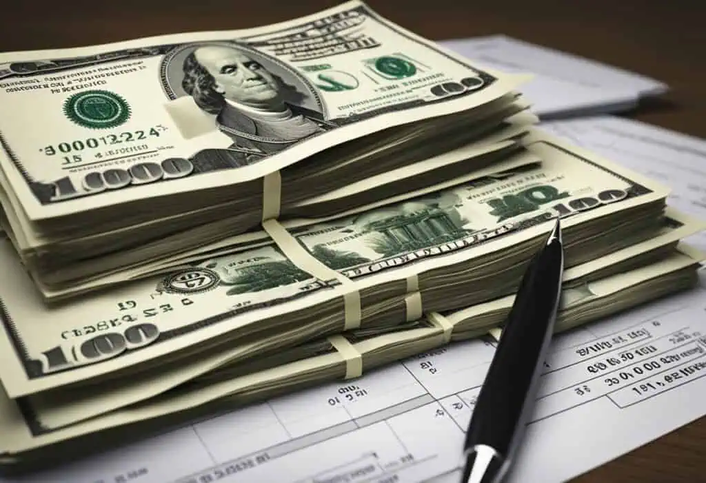 Stacks of $100 bills and financial documents for renovation budget planning.