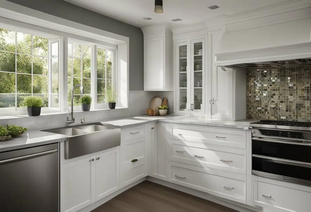 White kitchen with large window, stainless steel sink, and sleek cabinetry.