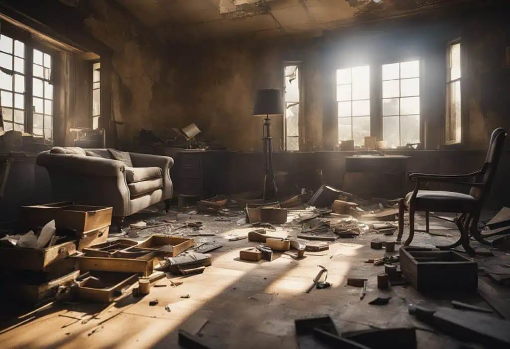 Abandoned 1930s living room with broken furniture, dust, and sunlight streaming through dirty window.