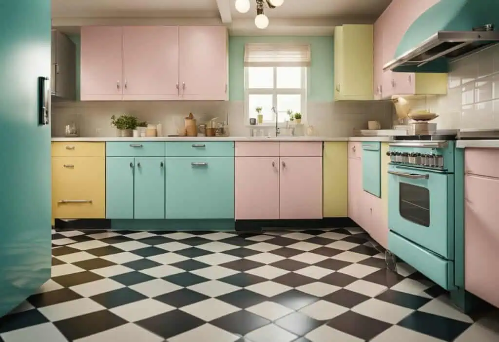 Colorful 1950s kitchen with pastel pink, green, and blue cabinets and retro black-and-white checkere.