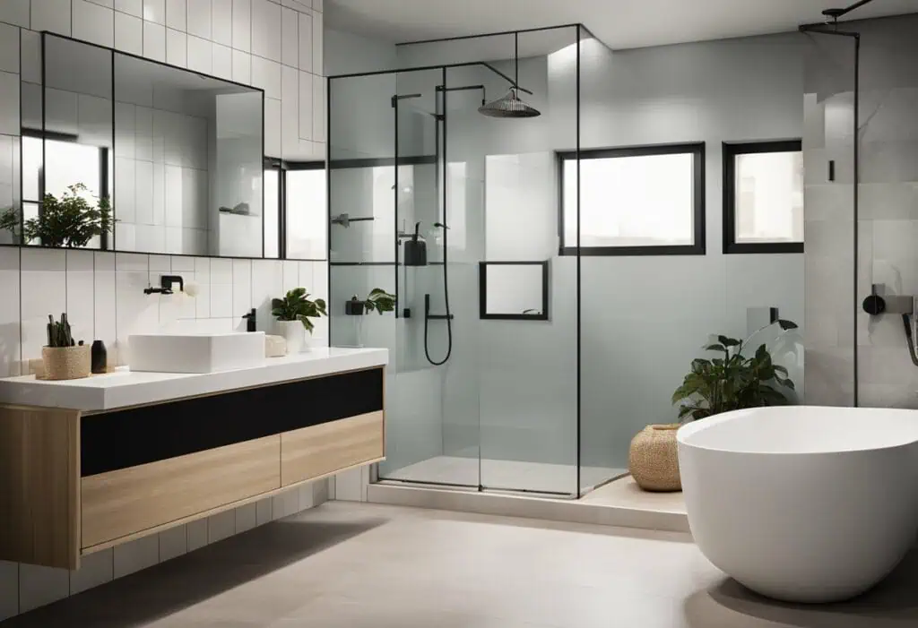 Stylish bathroom with glass shower, modern vanity, and minimalist design.