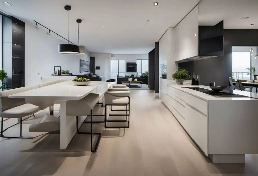 Spacious contemporary kitchen and dining area with clean lines, perfect for small BTO renovations.