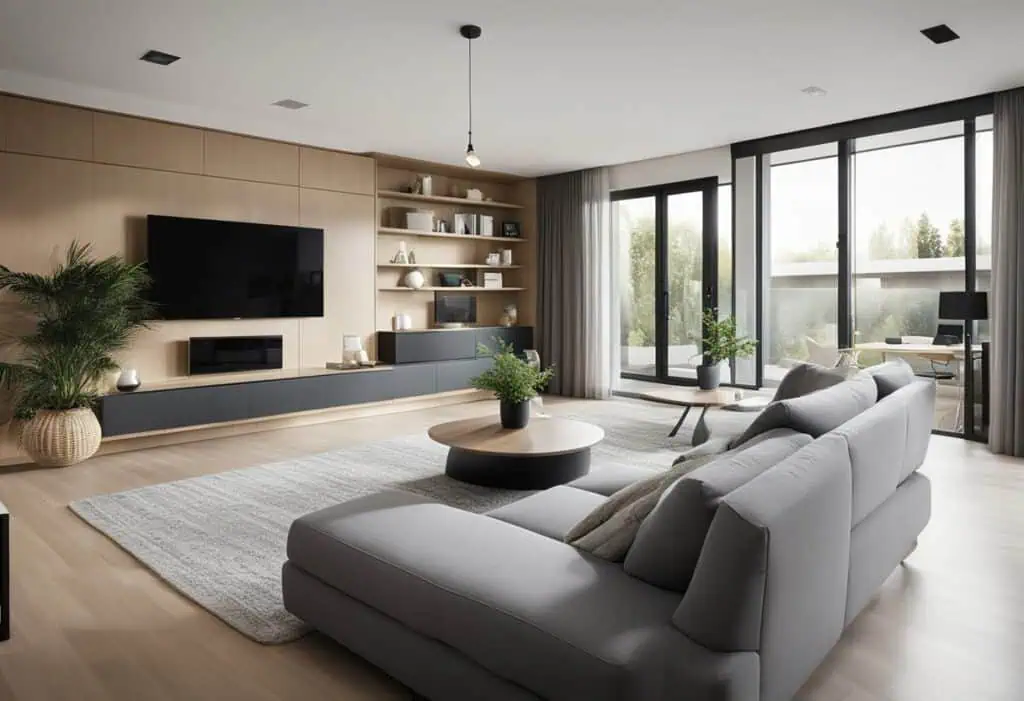 Spacious living room with sleek furniture, large windows, and contemporary design.