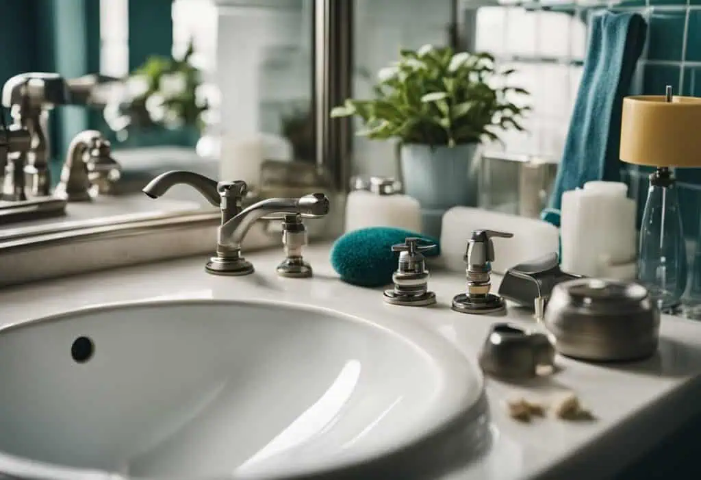 Bathroom sink with modern fixtures and decor, highlighting renovation quality.