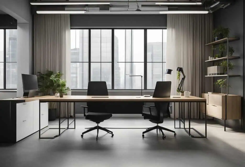 Bright office space with large windows, sleek furniture, and natural light for productivity and effi.