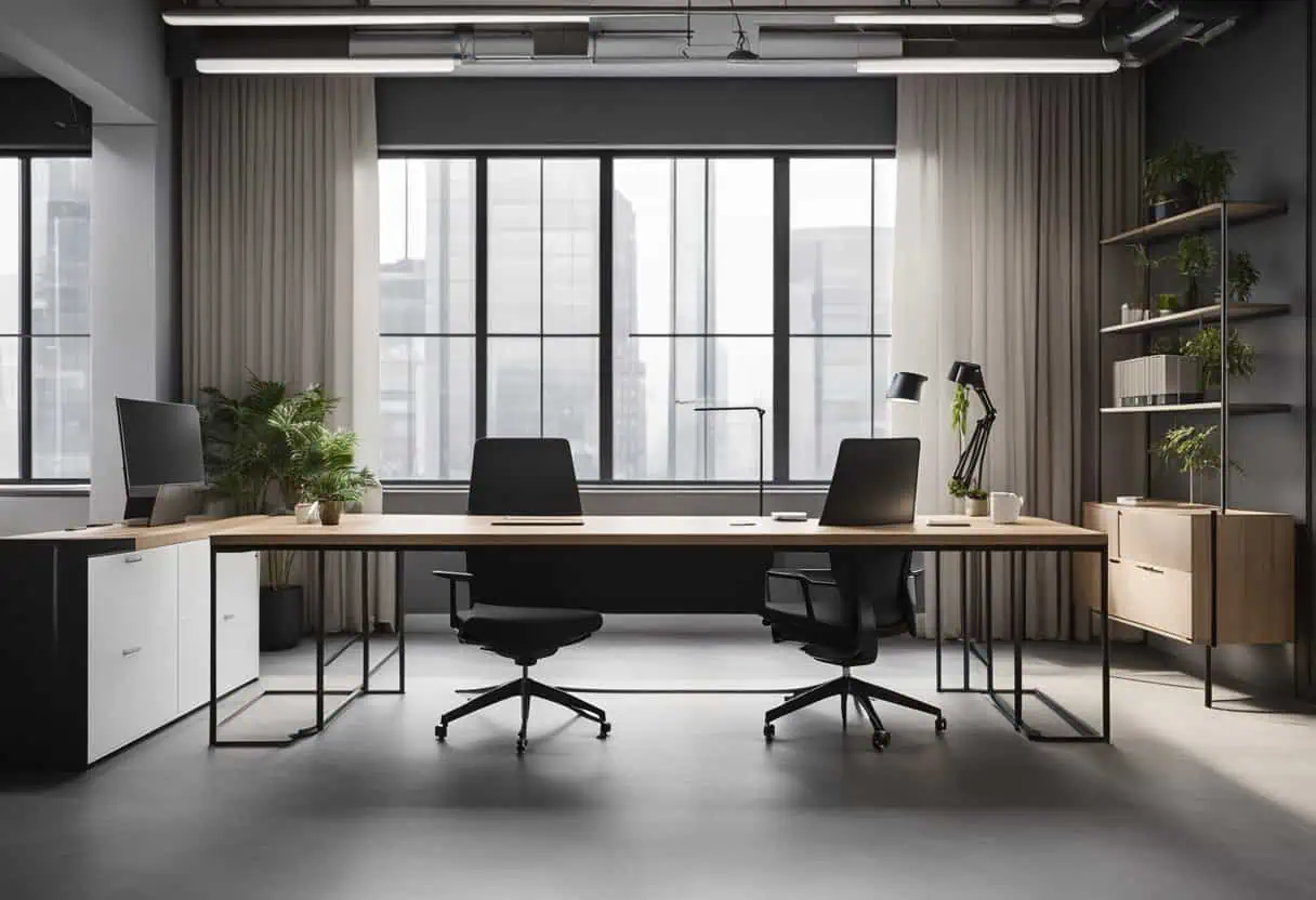 Bright office space with large windows, sleek furniture, and natural light for productivity and effi.