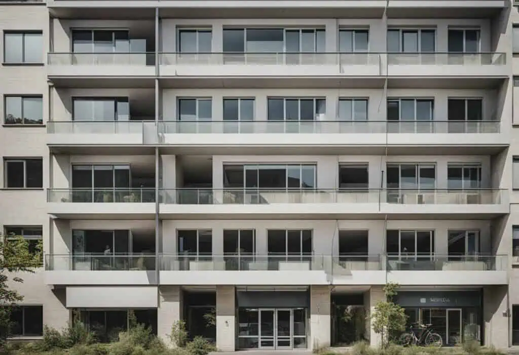 Renovated multi-story residential complex showcasing contemporary design and improved exterior.