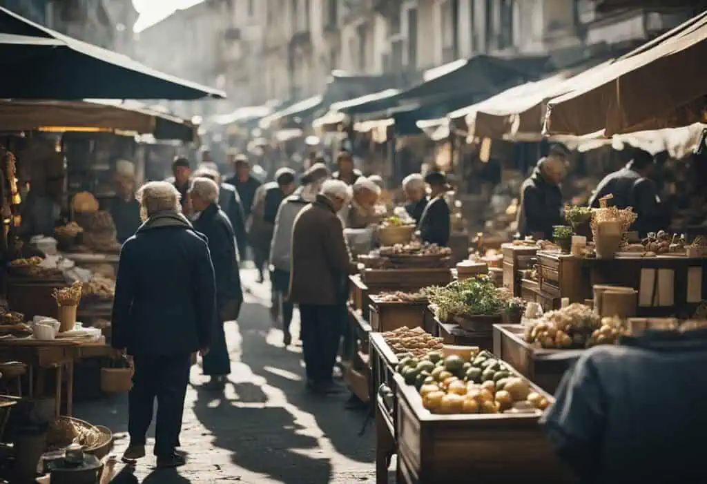 Bright outdoor market with shoppers browsing fresh produce and local goods.