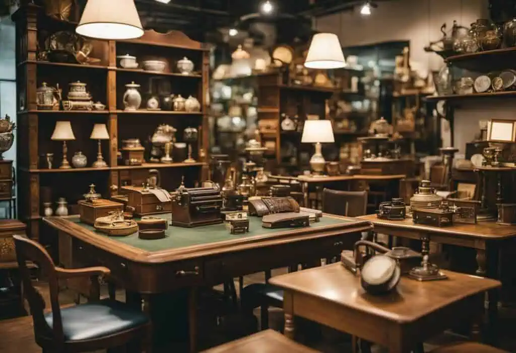Vintage second-hand furniture display in Singapore shop.