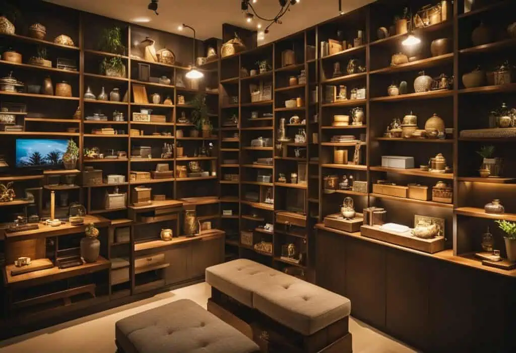 Vintage ceramic pottery displayed on dark wooden shelves in a cozy store.