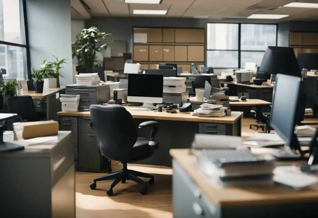 Modern office furniture with desks, chairs, and computers in a professional workspace.