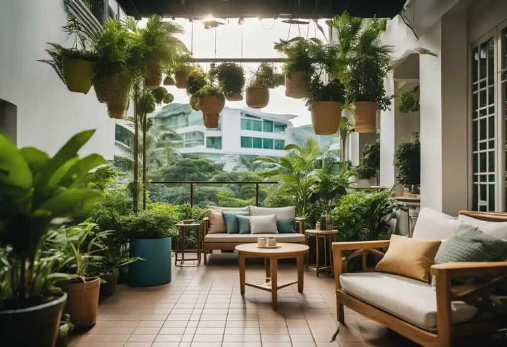 Outdoor balcony with abundant greenery and comfortable seating for relaxing moments.