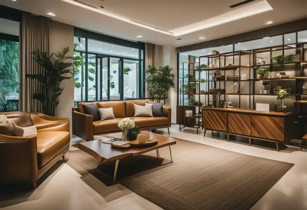 Upcycled furniture in a modern living room, showcasing sustainable home decor solutions in Singapore.