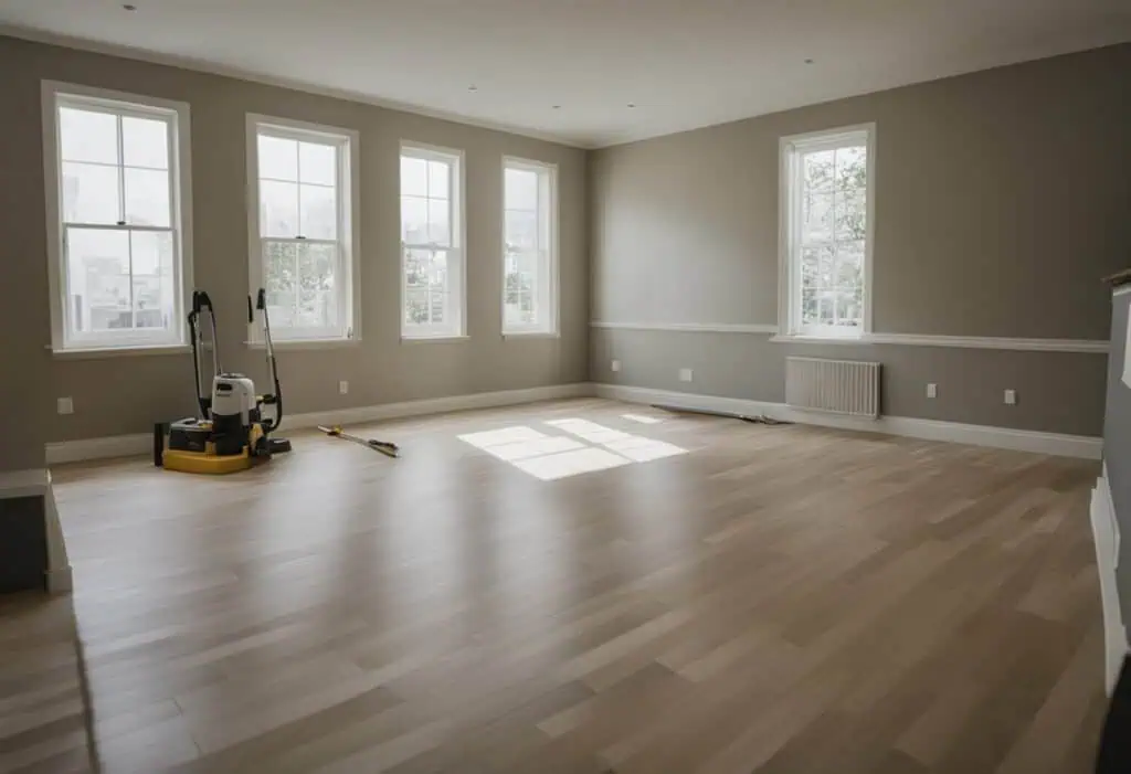 Bright empty living room with large windows and hardwood flooring. Ideal space for home renovation a.