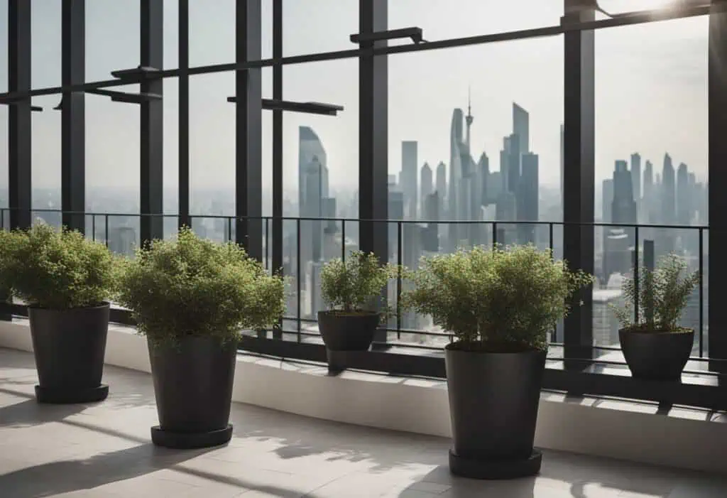 Modern balcony with potted plants overlooking a city skyline.