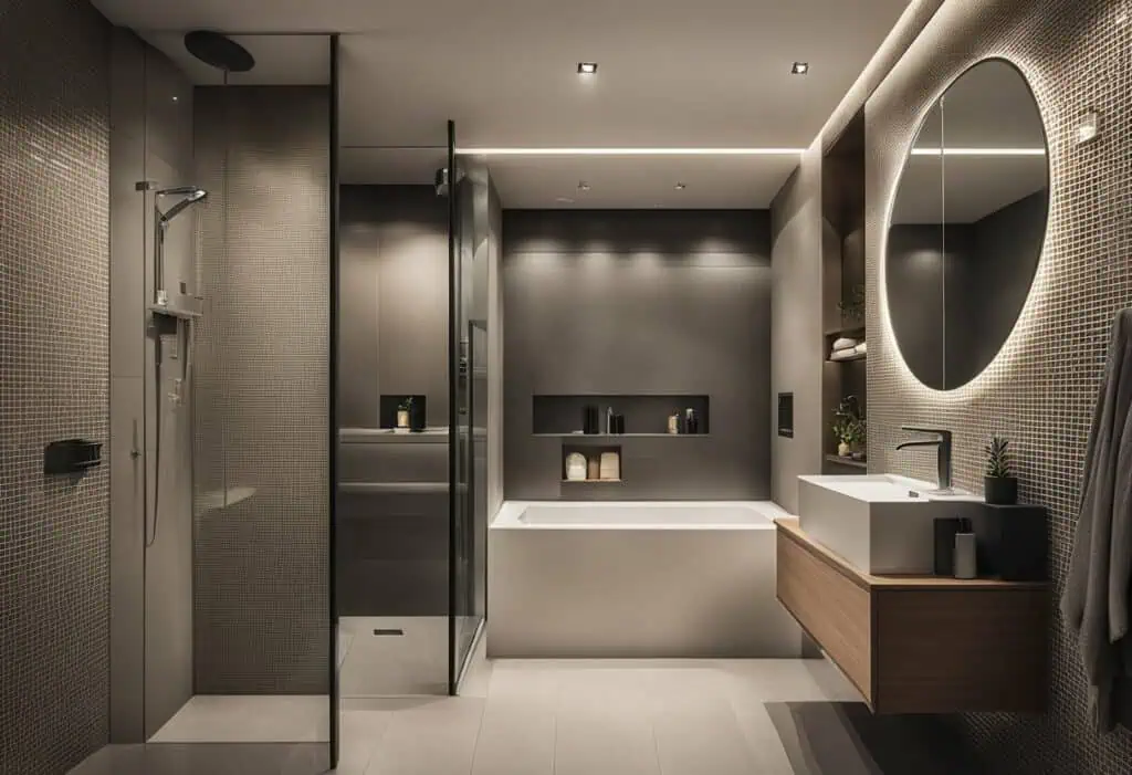 Stylish HDB bathroom with modern shower, bathtub, and contemporary vanity.