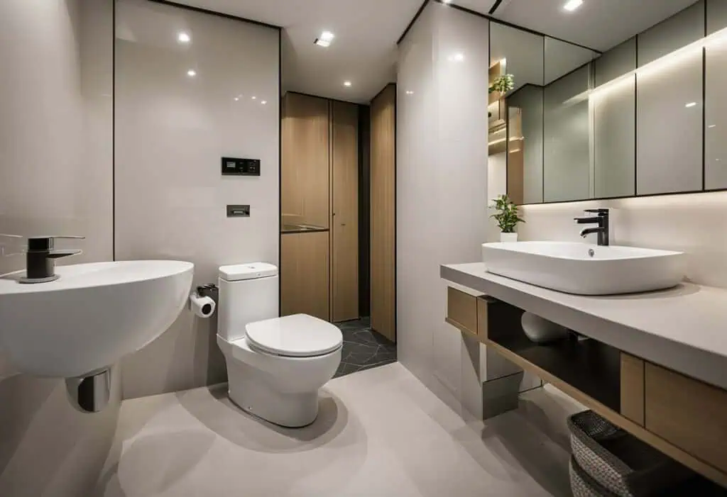 Elegant HDB toilet renovation with contemporary fixtures and clean lines.