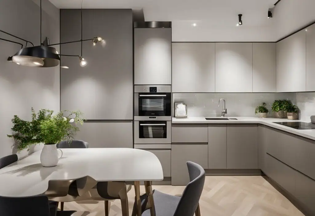 Contemporary kitchen interior featuring gray cabinets, built-in appliances, and a cozy dining area.
