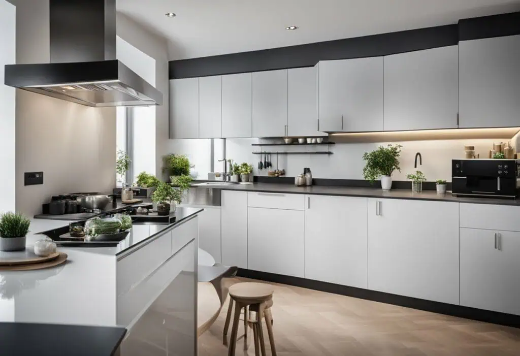 Efficient 3-sided kitchen layout maximizing space and functionality with sleek cabinetry and smart s.