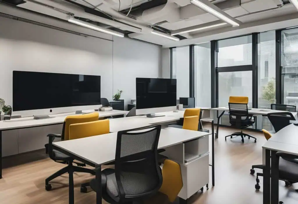 Compact office space with desks, chairs, and large windows for productivity.
