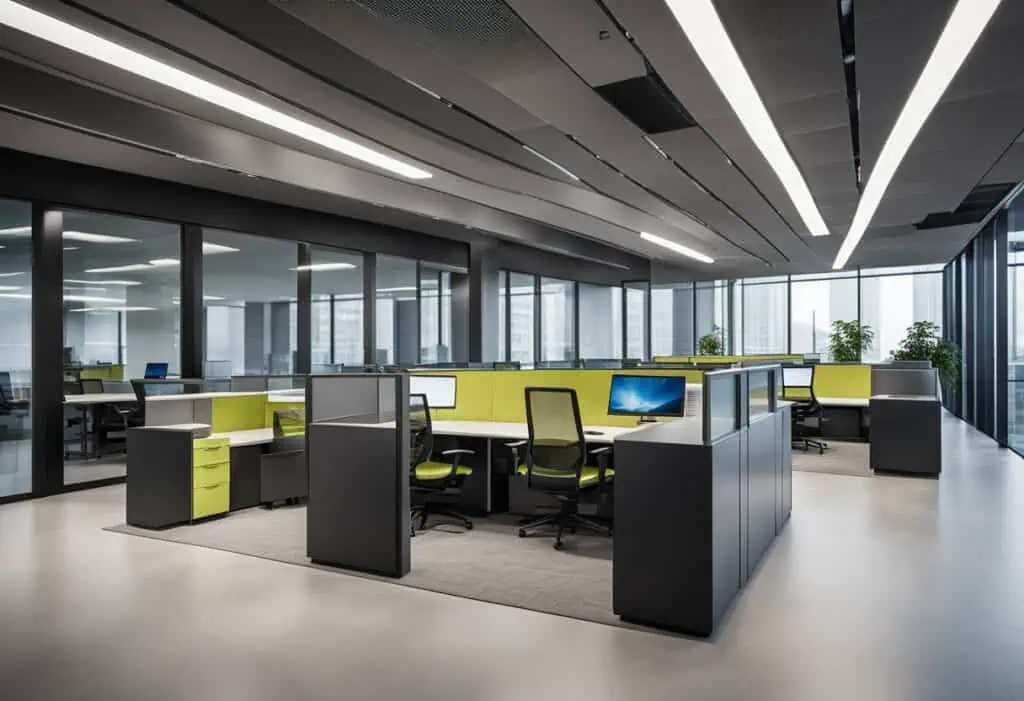 Contemporary office with 3D design elements and open layout for productivity.