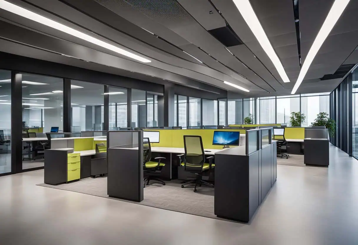 Contemporary office with 3D design elements and open layout for productivity.