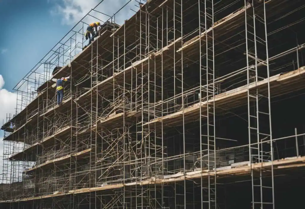 Renovation construction with scaffolding and workers transforming a building.