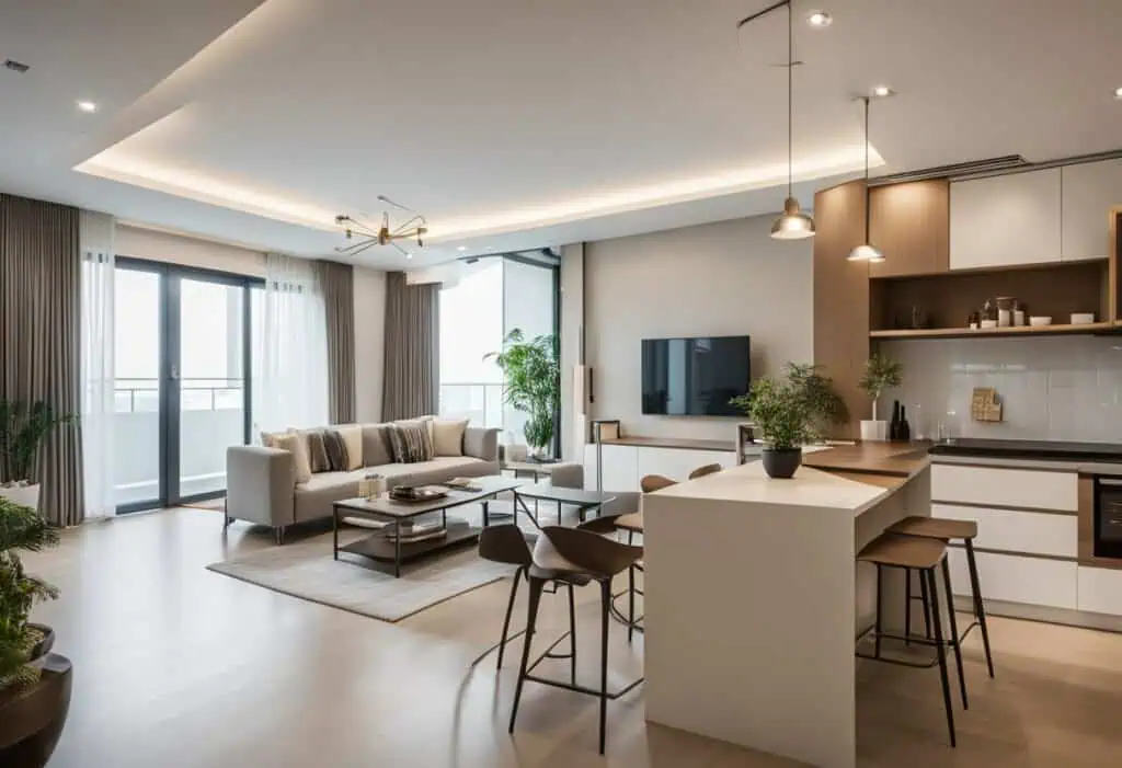 Bright and spacious living area with contemporary furniture and large windows.