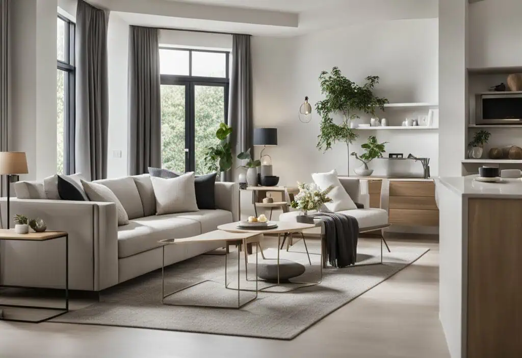 Bright and airy living space featuring sleek furniture and greenery accents.