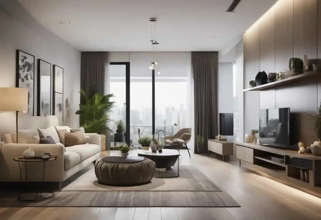 Spacious living room featuring large windows, contemporary furniture, and elegant decor for a stylis.