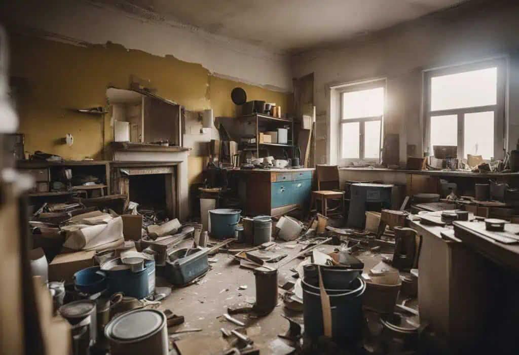Abandoned room filled with scattered clutter, broken furniture, and dust, reflecting neglect and dis.