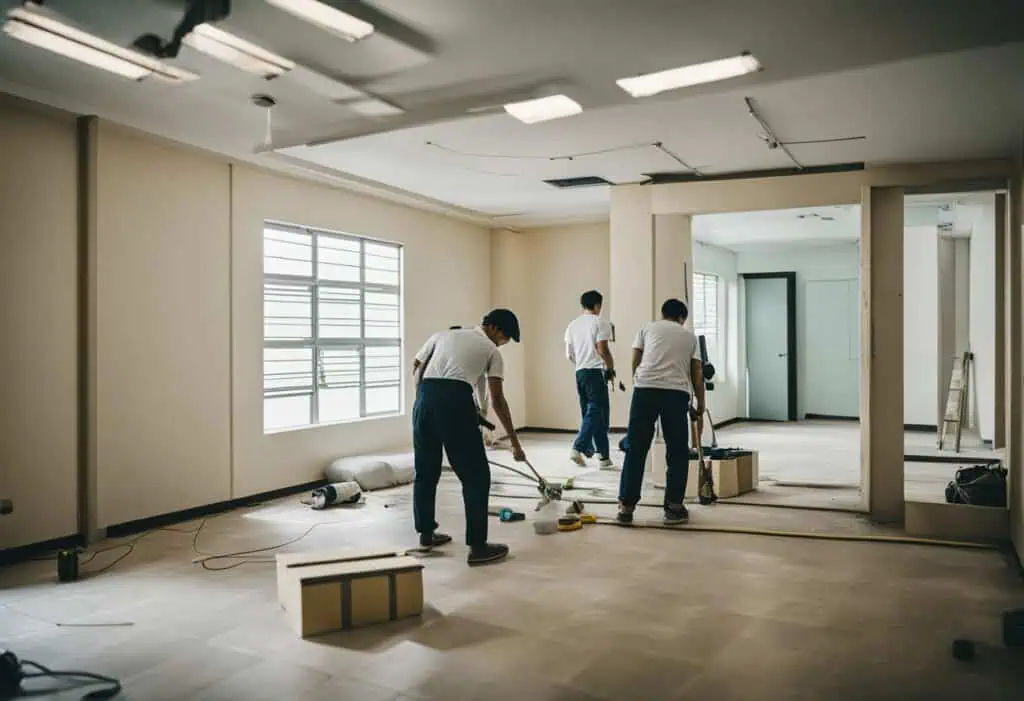 Workers installing new flooring in a spacious HDB room.