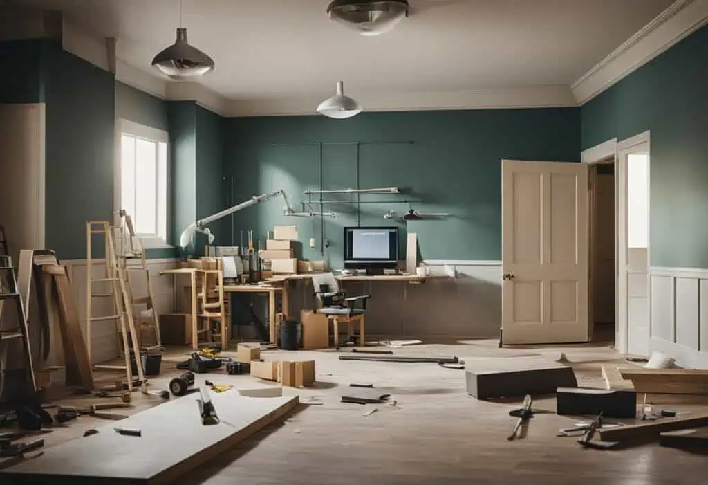 Home office renovation with workspace setup and construction tools.