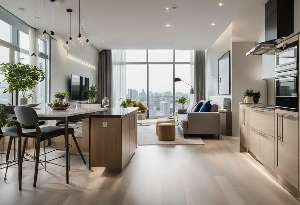 Bright, spacious living room with large windows and contemporary furniture.