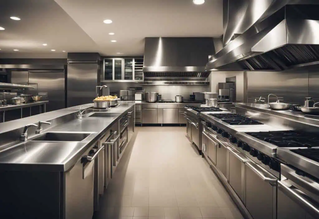 Sleek stainless steel 5-star hotel kitchen with professional cooking stations and modern appliances.