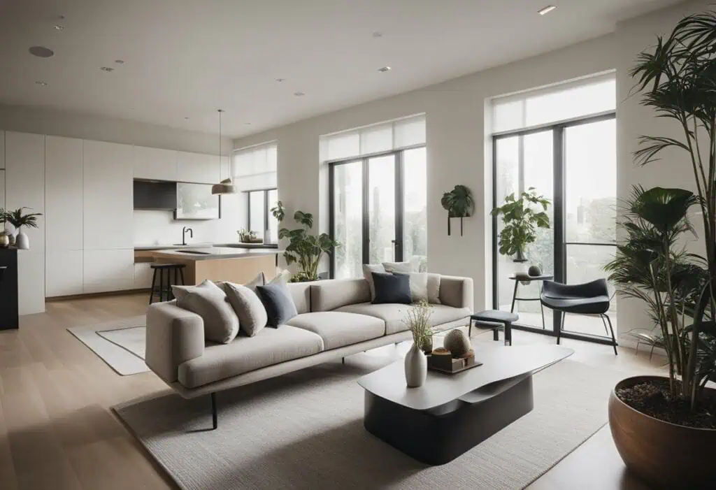 Spacious, bright living room featuring large windows, contemporary furniture, and lush indoor plants.