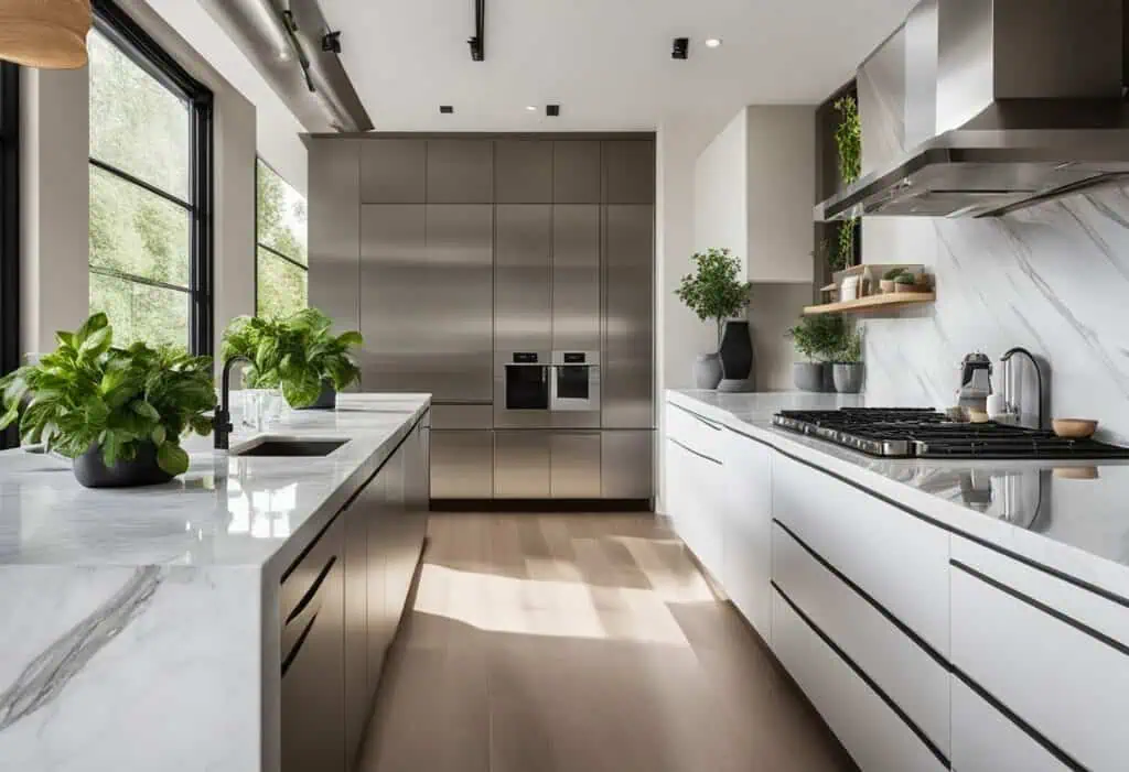 Elegant modern kitchen design with stainless steel cabinets and large windows for bright, airy space.