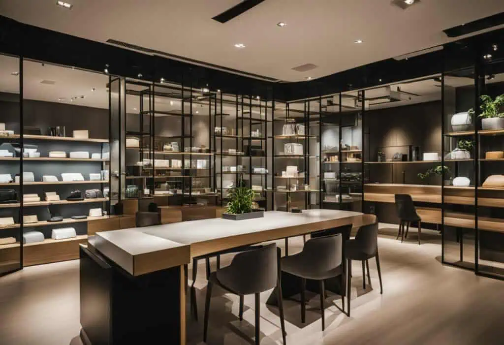 Stylish home furnishings displayed in a modern, well-lit showroom with sleek furniture and decor.
