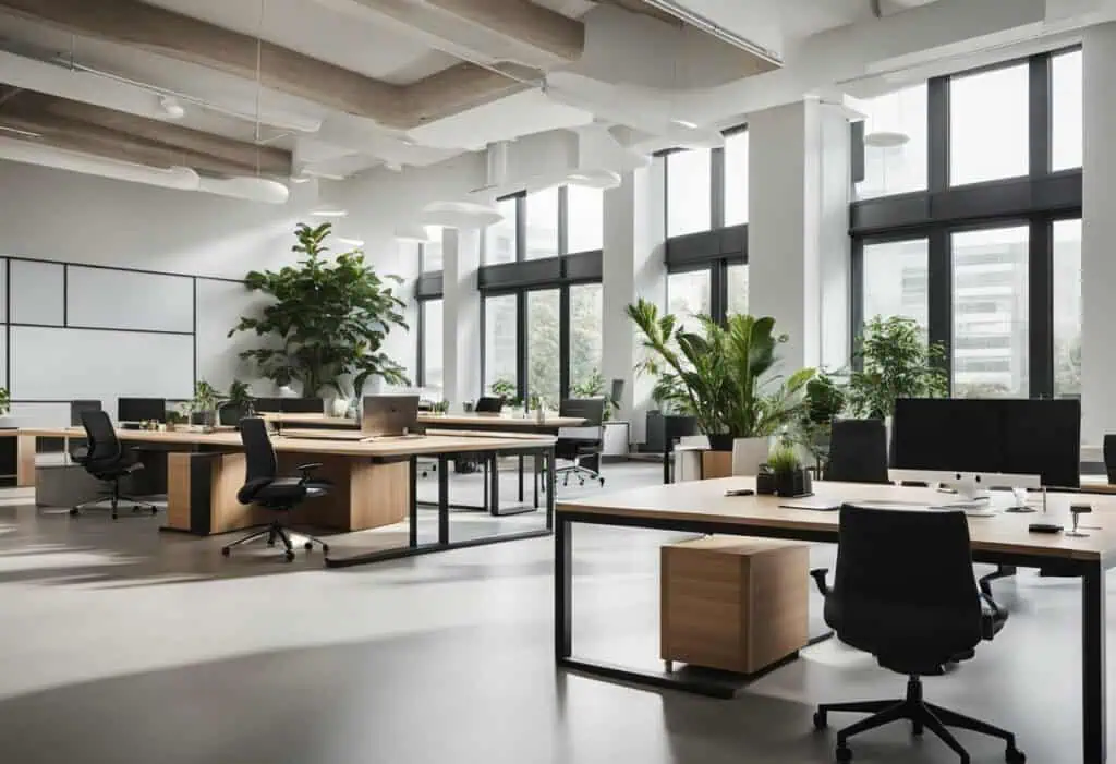 Bright modern office with large windows, desks, and lush green plants for a fresh work environment.