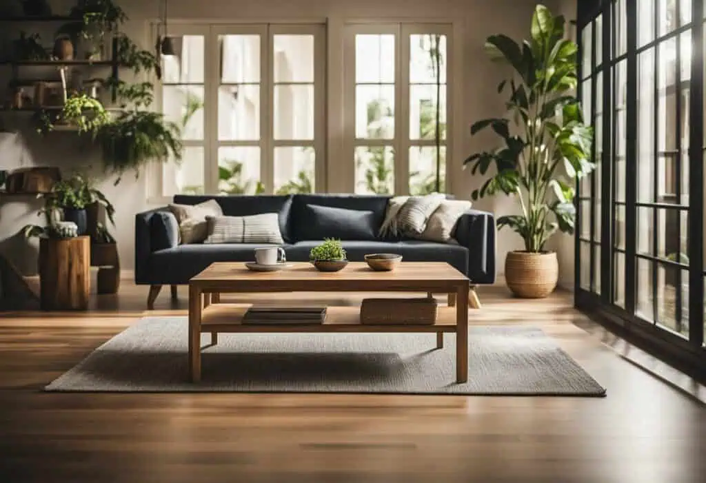 Modern acacia wood sofa and coffee table in stylish living room setting.