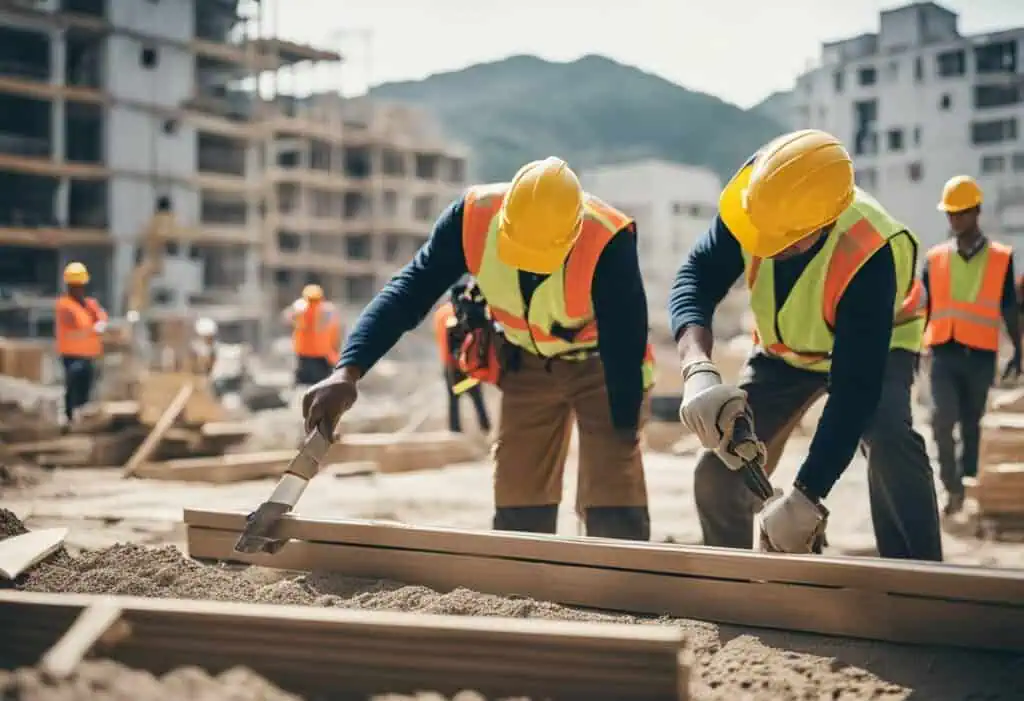 Construction workers in safety gear working on a building site.