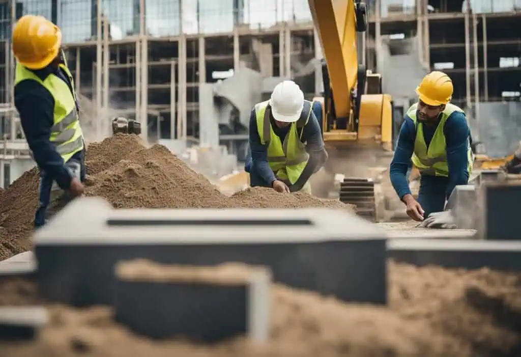 Construction workers in safety gear working on building foundation.