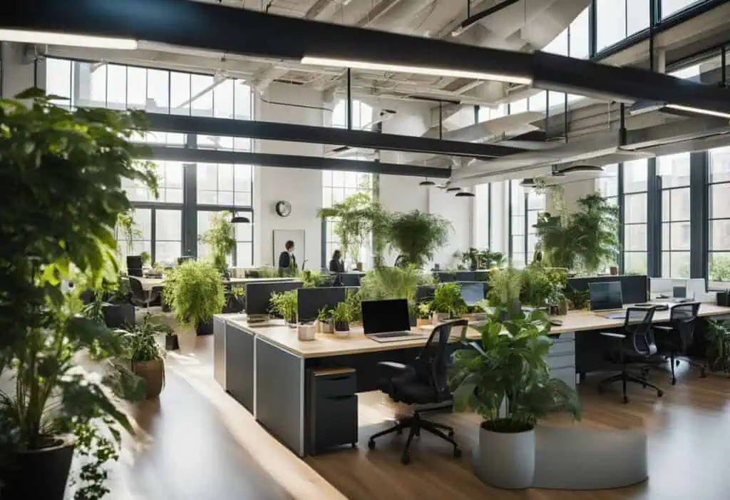 Green workspace with activity-based office design and natural light.