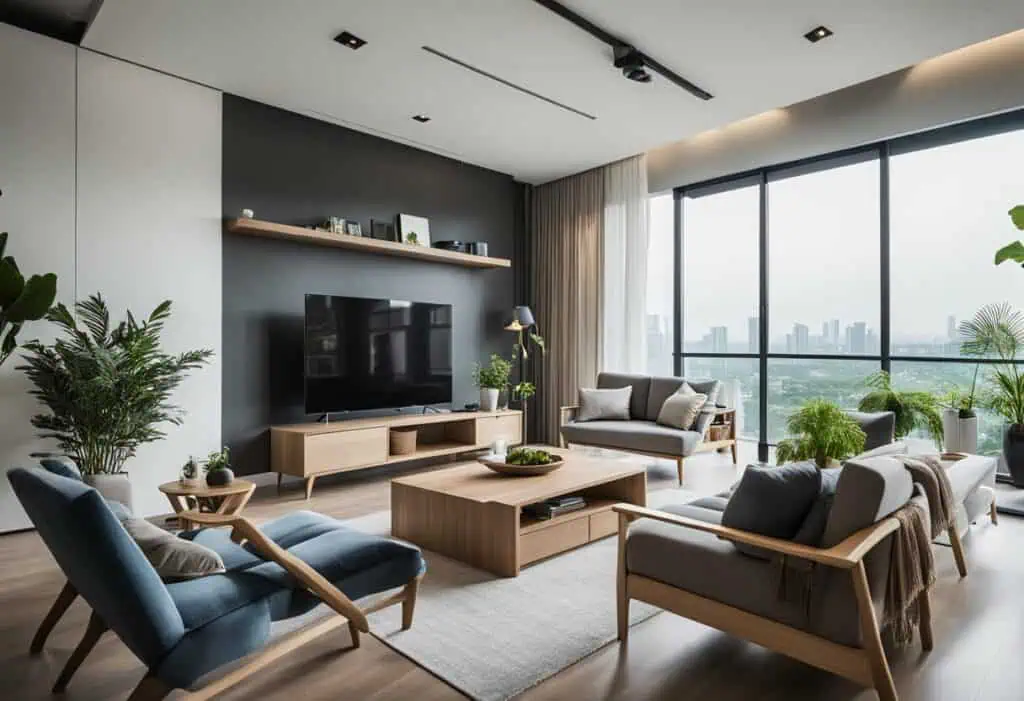 Bright and stylish living room featuring contemporary furniture and scenic city views.