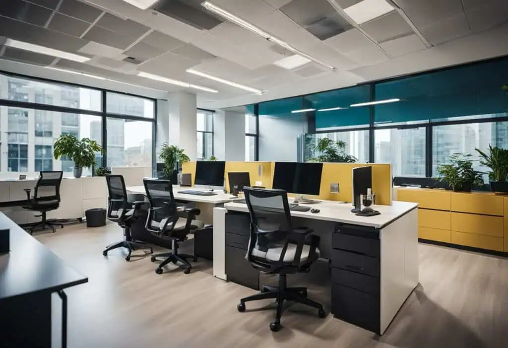 Office interior design with ergonomic desks and vibrant accents for productivity and innovation.