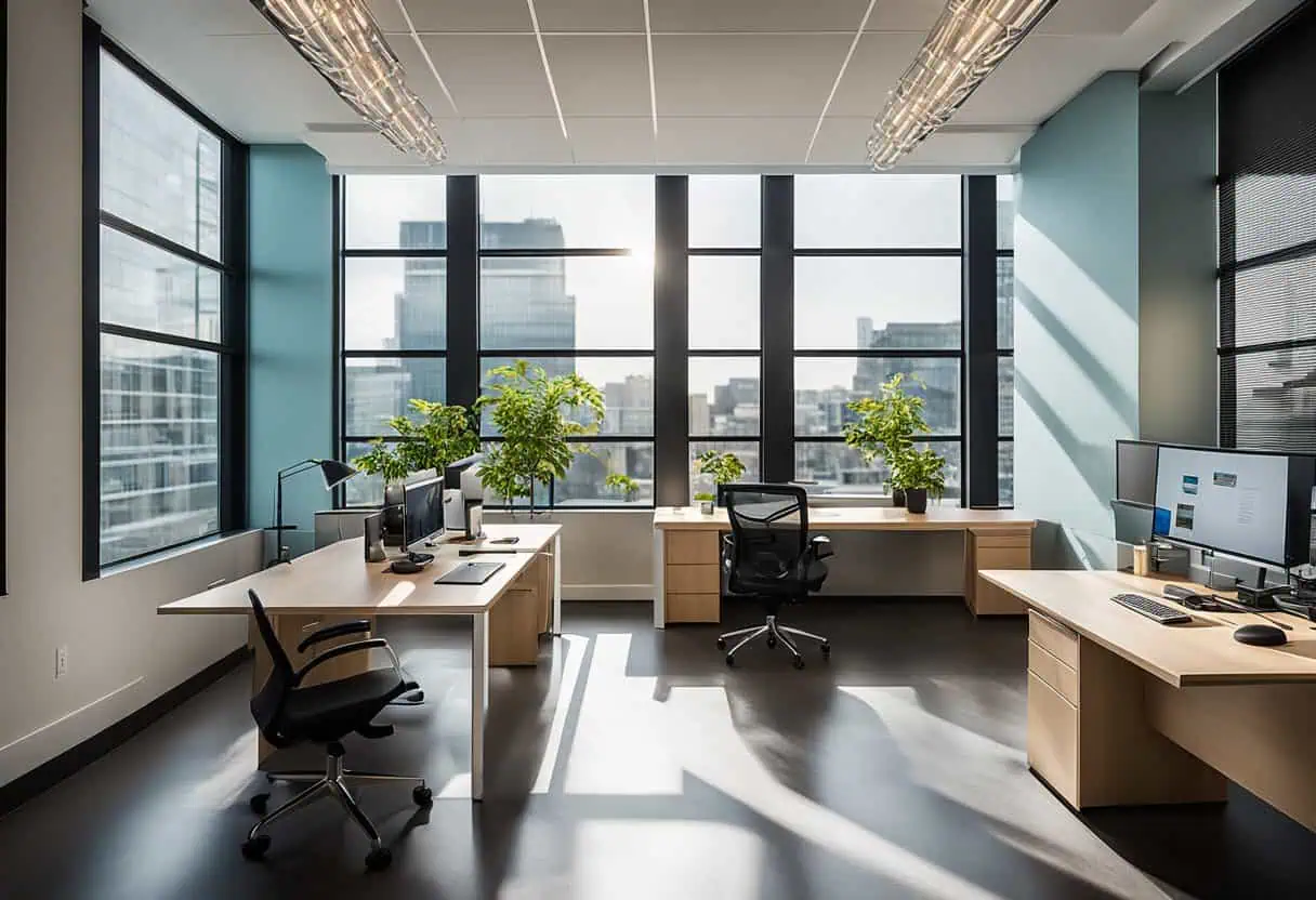 Office interior with sleek desks and ergonomic chairs overlooking a city skyline.