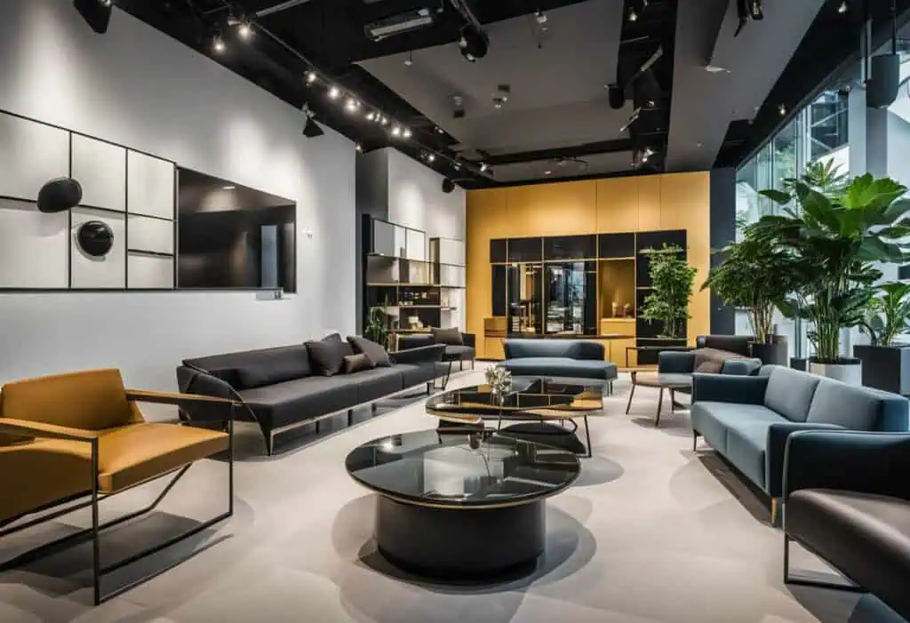 Stylish contemporary furniture display in Singapore featuring modern sofas and elegant decor.